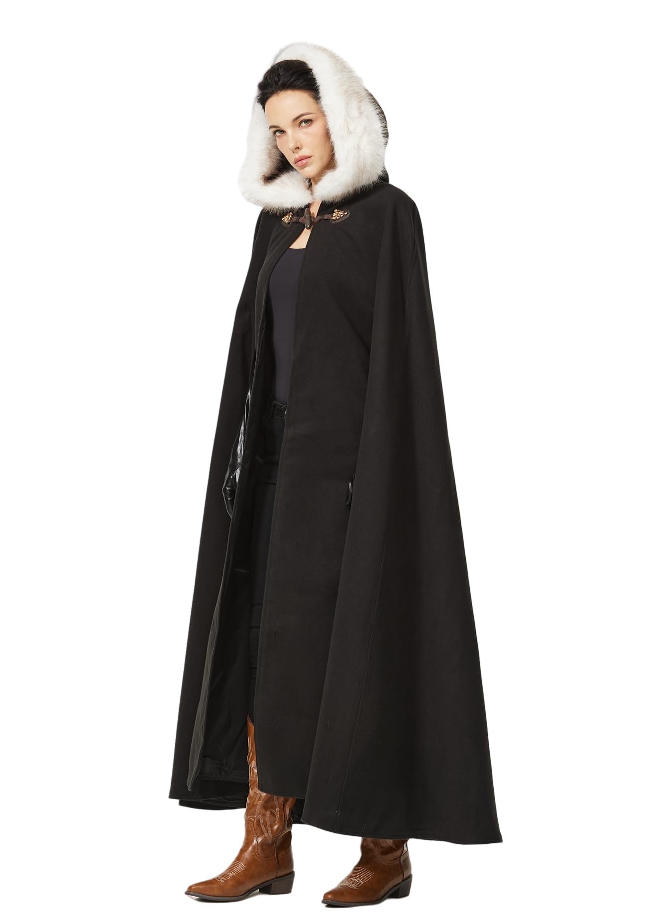 BEAUTELICATE Women Hooded Cape Coat Long Wool Cloak With Hood Vintage Overcoat Plus Size for Winter Wedding Bride Medieval Halloween Christmas Cosplay Costume 140cm - Image 3