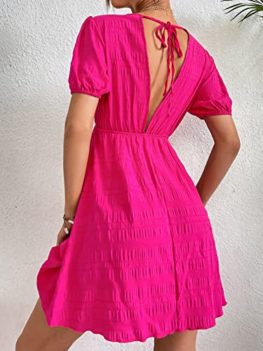 WDIRARA Women's Puff Sleeve Deep V Neck Tie Back Mini A Line Swing Dress2