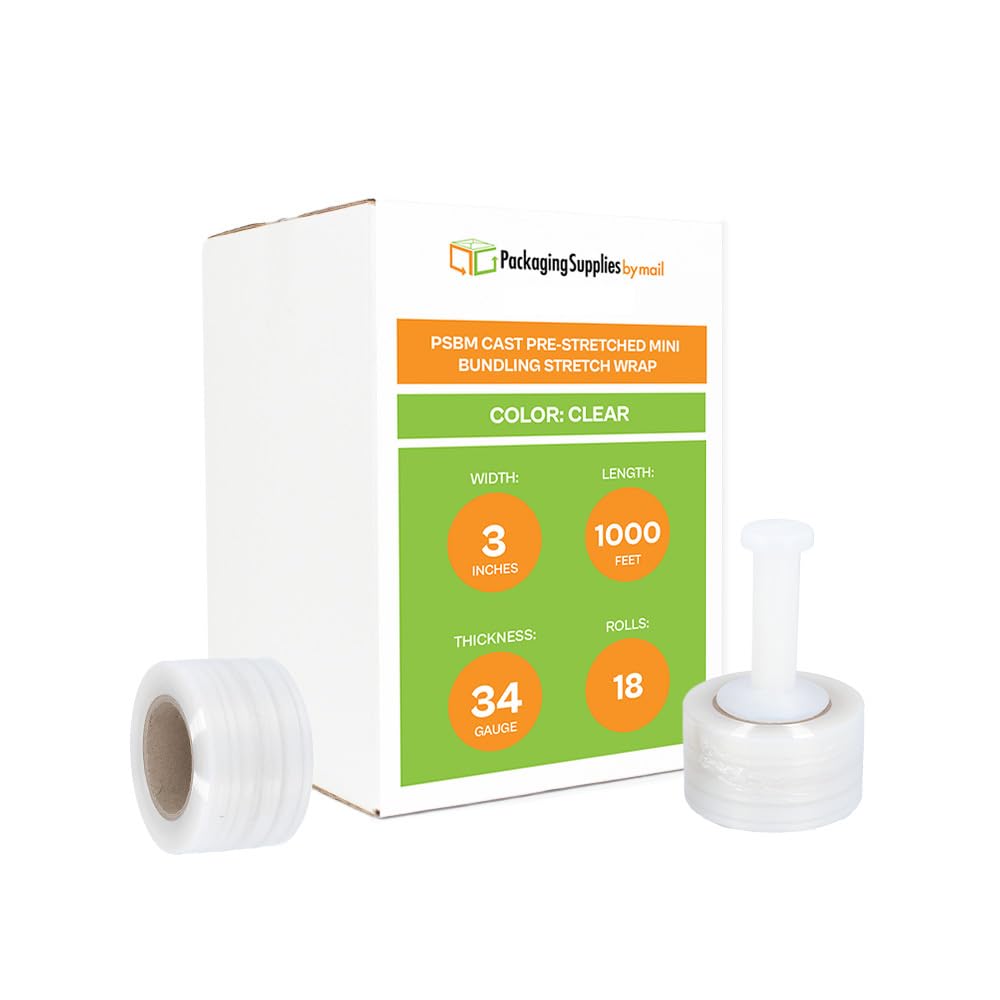 PSBM Mini Stretch Wrap & Handle, 3 Inch x 1000 Feet, 18 Pack, Pre-Stretched 34 Gauge Plastic Cling for Pallet Moving Packing