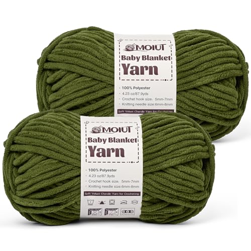 Image of Fluffy Chunky Yarn for Crocheting, Chenille Crochet Yarn 6 Super Bulky, 2 Pack of 87.9 yds /4.23 oz Baby Blanket Yarn, Soft Velvet Yarns for Knitting Amigurumi&DIY Crafts /Hats /Socks(2 Army Green)