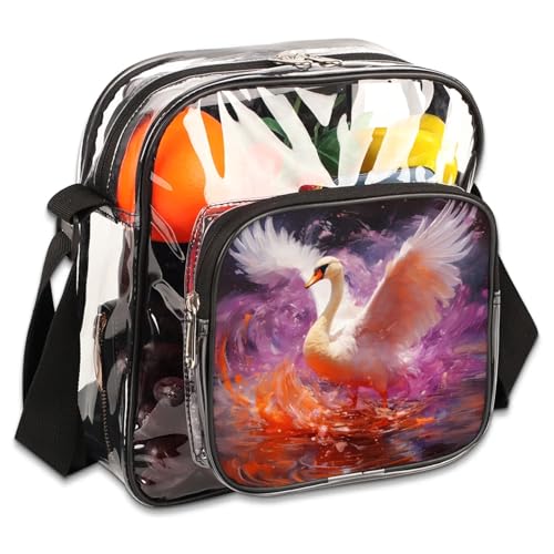 GzLeyigou Clear Crossbody Bag Stadium Approved Swan Transparent Bag for Festivals, Sports Events, Concerts,Beach Bag for Women Men Clear Purse with Front Pocket Messenger Bag with Adjustable Strap
