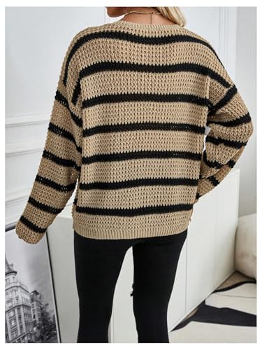 MakeMeChic Women's Striped V Neck Sweater Long Sleeve Drop Shoulder Knit Pullovers2