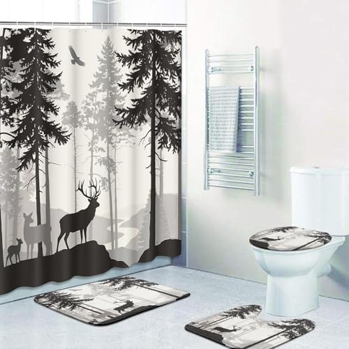 Britimes 4 Piece Shower Curtain Sets, with 12 Hooks, Pine Forest Family Hunting Deer with Non-Slip Rugs, Toilet Lid Cover and Bath Mat for Bathroom Decor Set, 72" x 72"