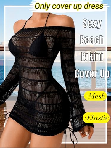 Kaei&Shi Sexy Crochet Coverups for Women,Off Shoulder Long Sleeve Beach Dresses,Bathing Suit Cover Up Vacation Outfits2