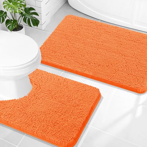 Image of OLANLY Bathroom Rugs Sets 2 Piece, Soft Absorbent Chenille Bath Mats and U-Shaped Contour Toilet Mat Area Rug Set, Machine Washable Bath Carpet, Home Decor Accessories(30 inchx20 inch+24 inchx20 inch, Orange)
