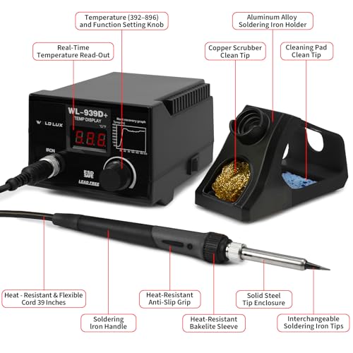Image of 939D+ Digital Soldering Station, 100W Equivalent Soldering Iron Kit with PID Temperature Control (392F-896F), F /C Display, Fast Heating, ESD Safe, Lead Free Accessories (Black)
