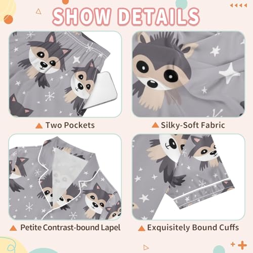 senya Cartoon Raccoon Grey Satin Summer Pajama Sets Silk Short Sleeve Button Down Sleepwear3