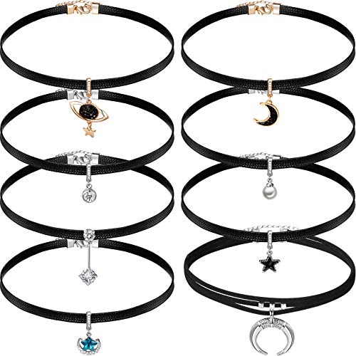Hicarer 8 Pieces Black Faux Leather Choker Necklace for Women 15 Inch Adjustable Choker Necklaces for Women Leather Classic Gothic Chokers Women Girls Accessories