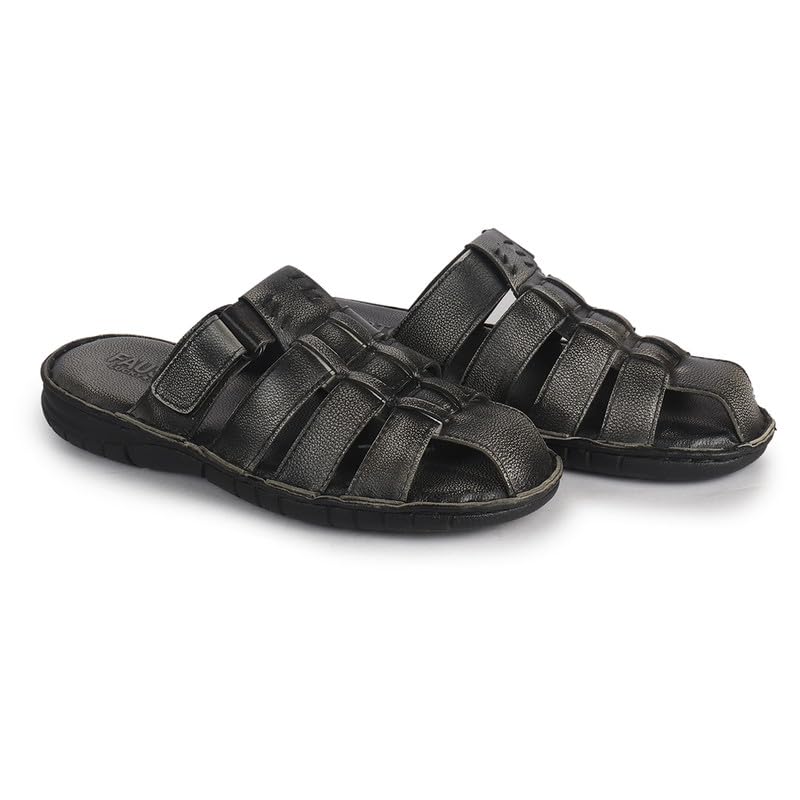 Image of FAUSTO Men Genuine Leather Multi Strap Closed Toe Broad Feet Slip On Slippers with Adjustable Strap | Roman Sandals