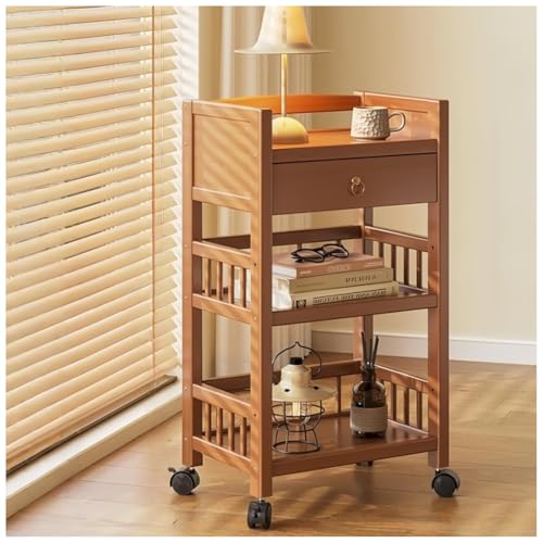 キッチンワゴン 収納ラック 竹製収納ワゴン・カート 移動式 3 段 多機能 キャスター付き スライド式 スリム 組立簡単 小物 隙間収納 バスケットラック バスルーム オフィス キッチン用 収納ワゴン (引き出し付き,幅35cm)