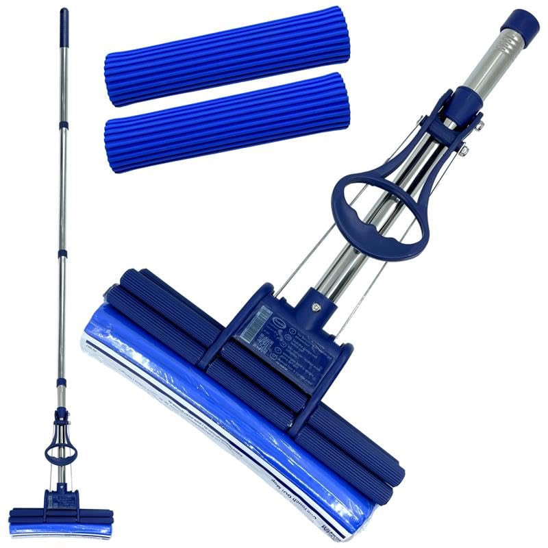 CleanAid OneTouch GO! Balai serpillère en acier inoxydable – Manche segmenté, 2 serpillères en PVA, fonction d'essorage One-Touch, sans traces pour...