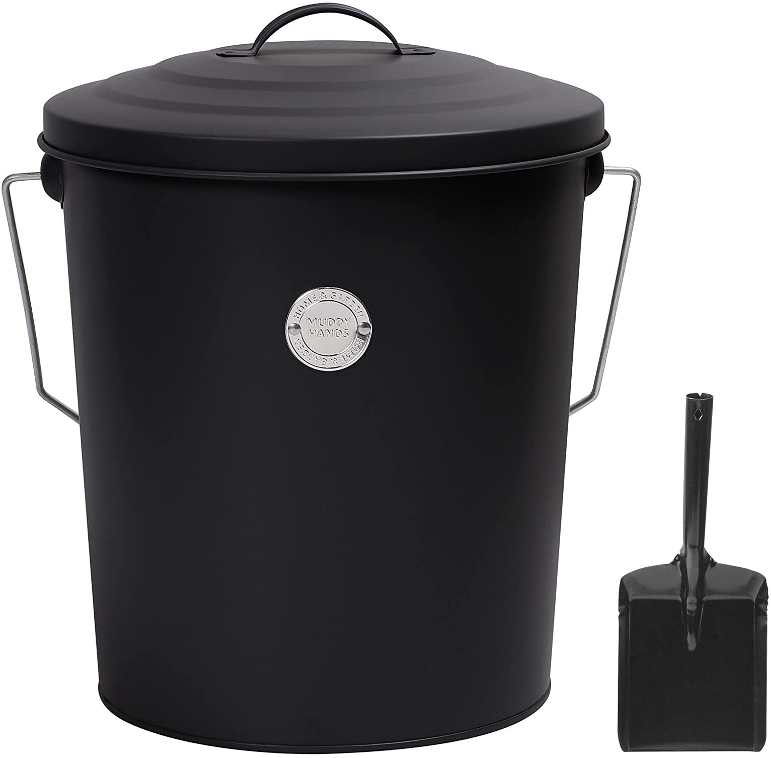 Muddy Hands Fireplace Ash Bucket with Lid & Carry Handle Coal Fuel Log Wood Kindling Carrier Storage (Black + Shovel)