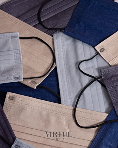 Image of VIRTUE CODE Support Face Masks - Soft 3 Ply Comfort Face Masks, Colorful Disposable Face Mask 50 Pack. Grey Beige Navy Blue Colored Masks. Adults Mens and Womens Disposable Face Masks