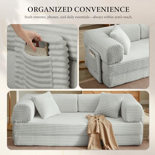 Image of Boneless Couch Futon Sofa Bed Sectional Couches for Living Room,Cloud Couch with Sleeper Sofa,Sofas for Living Room Oversized Corduroy Upholstered (Light Grey, 81 Inches (with Iron Frame))