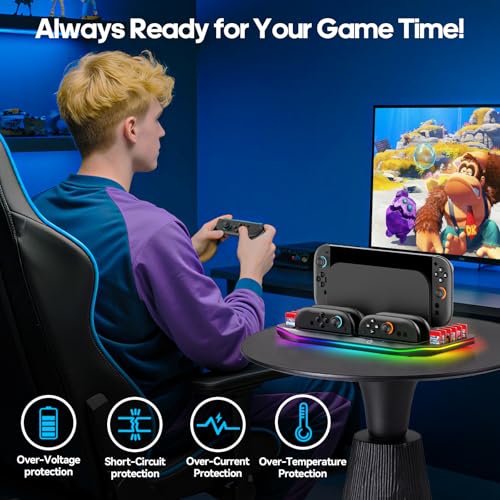 Base de Carga para Switch 2, Estación de Almacenamiento para Switch2 con Cargador para 4 Joy-Con 2, Organizador de Switch Accesorio para SW2 TV Dock & 12 Tarjetas de Juego con 9 Modos de Luz Ambiental - imagen 8