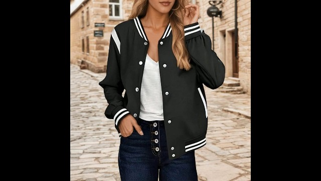 Veste Bomber Femme En Coton - Style Baseball Rayé - Manches Longues, Boutons - Printemps/Hiver - Coupe-Vent Léger - 10