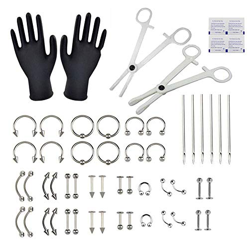 61 Pcs Professional Piercing Kit, Tazay Silver Nose Piercing Kit Piercing Set with Needles 14G 16G Piercing Tool for Nose, Belly Button, Ear, Eyebrow, Nipple, Lip Body Piercing Supplies (Silver)