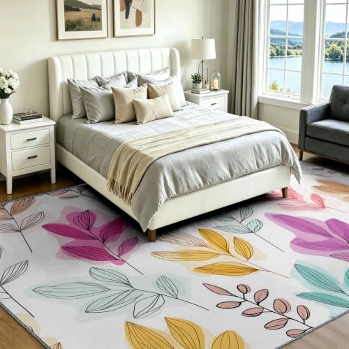 Alfombra para oficina en casa con diseño botánico y follaje abstracto de colores suave 4