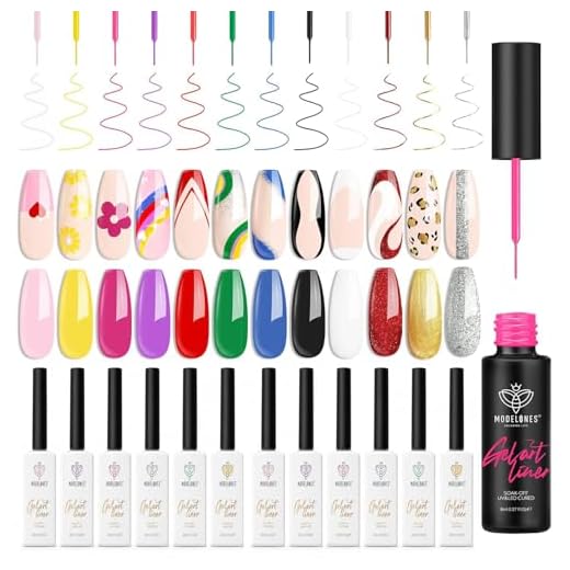 Modelones Gel Polish Nail Art Gel Liner Set, 12 Colors Black Red Pink Yellow Green Glitter Spring Summer Gel Polish for Swirl French Tip Painting Designs Soak Off Built Thin Brush DIY Nail Starter Kit