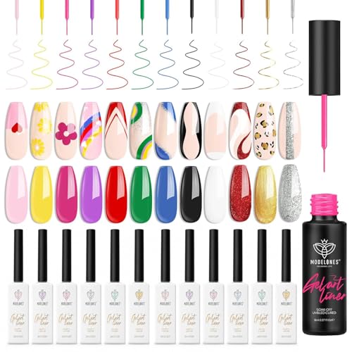 modelones Gel Polish Nail Art Gel Liner Set, 12 Colors Black Red Pink Yellow Green Glitter Trendy Color Gel Polish for Swirl French Tip Painting Designs Soak Off Built Thin Brush DIY Nail Starter Kit
