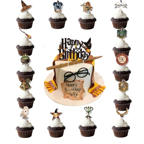 16pcs Cake Decorations with 15pcs Cupcake Toppers 1pcs Cake Topper for Potter/Tenn Girl Boy Birthday Party Supplies