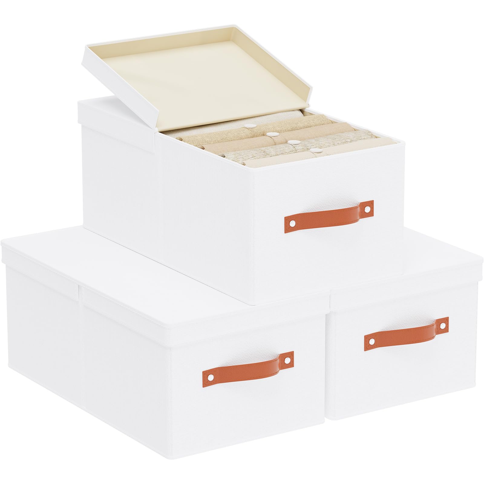 3 Pezzi Scatola con Coperchio Rimovibile, 47×28×20cm Organizer Armadio Cassetti, Salvaspazio, Contenitori con Maniglia, Scatole per Vestiti da Letto a Casa, Bianco