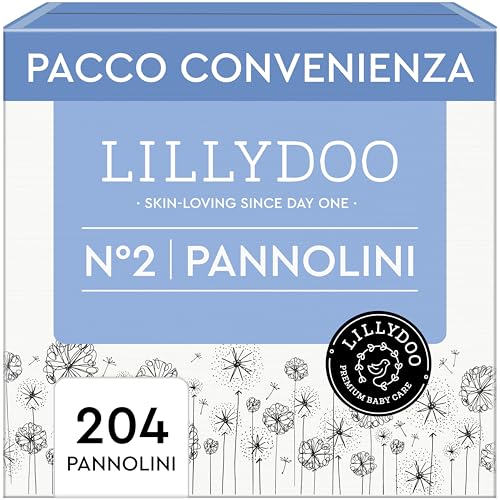 Pannolini LILLYDOO delicati sulla pelle - taglia 2 (4+ kg), pacco scorta (204 unità), protezione contro le fuoriuscite, morbidi, senza profumi & lozioni e dermatologicamente testati