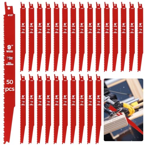 50 Pack 9 Inch 6/12 TPI Reciprocating Saw Blades, Bi-Metal Cutting Saw Blades, Metal Pruner Saws Blade for Cutting Nail-Embedded Wood, Metal, PVC Pallets