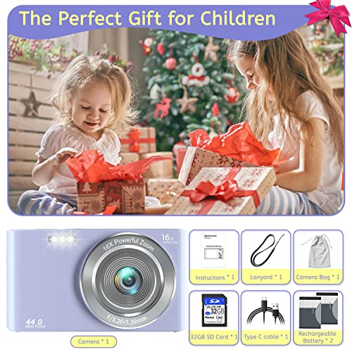 Digital Camera,Kids Camera with 32GB Card 4K 44MP Point and Shoot Camera with 16X Digital Zoom 2.4 Inch,Vlogging Camera for Students Teens Adults Girls Boys-Purple3 - Image 3