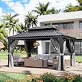Aoxun 10' X 14' Hardtop Gazebo with Drainage System, Aluminum Outdoor Gazebo with Galvanized Steel Double Roof, Patio Permanent Metal Pavilion with Netting, for Garden, Deck, Grey