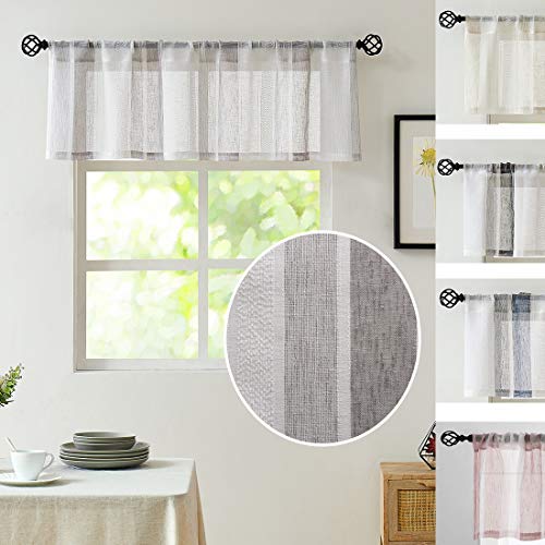 Central Park Gray and White Kitchen Window Curtain Valance Vertical Stripe Sheer Boucle Linen Window Curtain, Living Room Decorative Rod Pocket (54