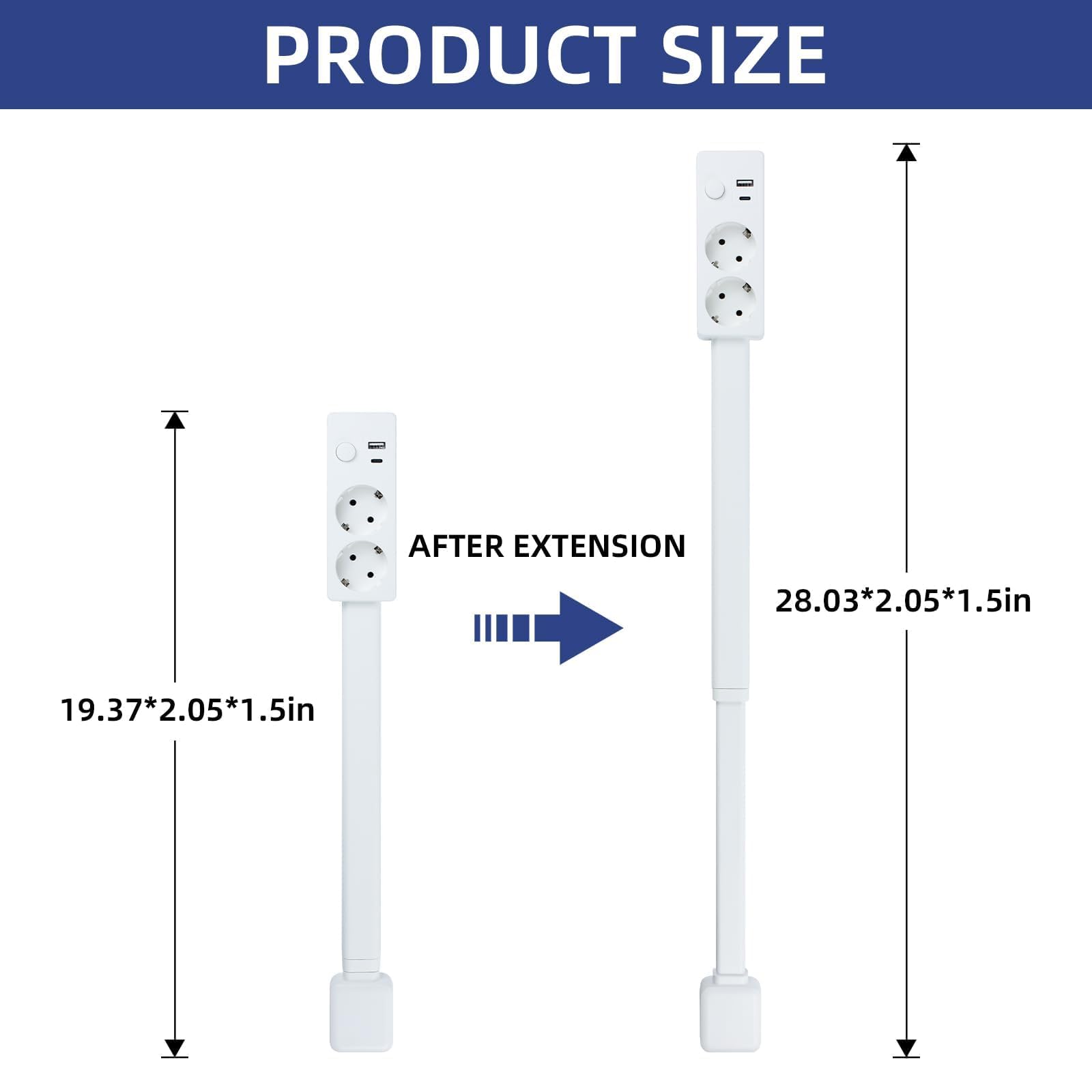 Rallonge de Prise Electrique Retractable (Plage de Longueur : 19,37 do 28,3 cala; obrót o 180°) — sektora 2-punktowego i 2 porty USB (Dont 1 USB-C i 1 USB-A), CE Gadget Pratique Off
