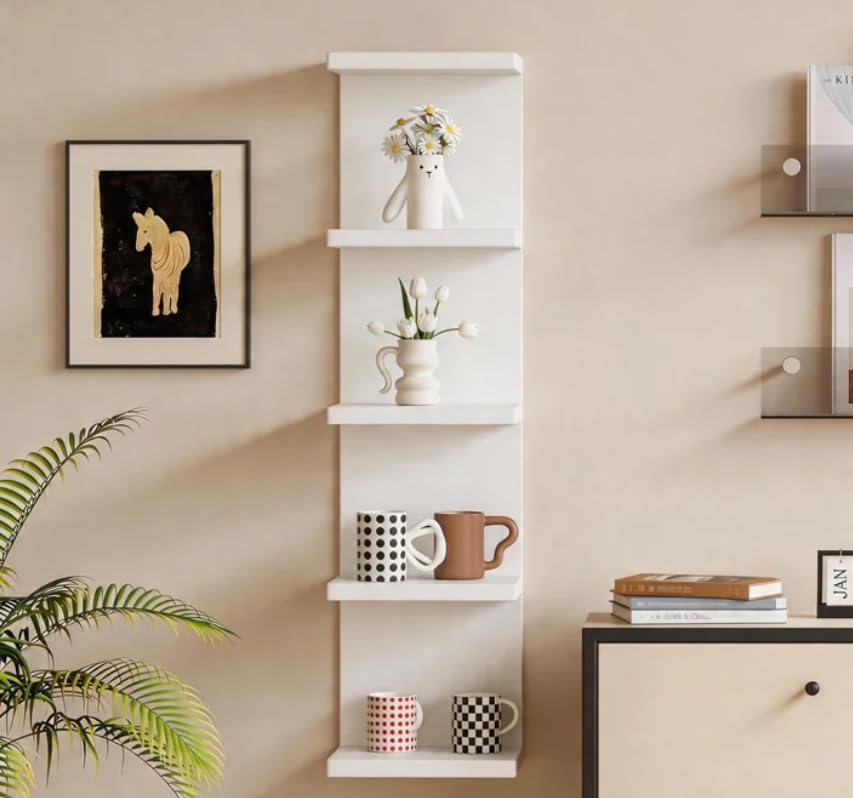 FRAWENLECO 5-Tier Wall-Mounted Floating Shelf 5-Tier, Organizer with Tall Tower Design, 12mm-Thick Screw-Embedded Drilling Installation, for Bathrooms, Living Rooms, and Bedrooms(White)