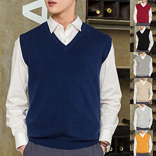 Sleeveless Loose Warm Sweater Vest Men Solid Color V-Neck Pullover Waistcoat for Daily Wear Party Workout Office Yellow L3