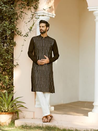 Image of See Designs Men Full Sleeve Chanderi Silk Sequins Mandarin Collar Side Slit Kurta