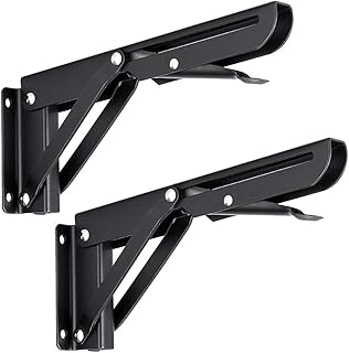 Sumnacon Sturdy Folding Shelf Brackets - Heavy Duty Black Metal Triangle Table Bench Folding Shelf Bracket 8 Inch, 2 Pcs Folding Shelf Hinge Wall Mounted, Max Load 99lb