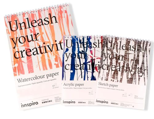 INNSPIRO Set de 3 Blocs de Papel: Acuarela A3 300g, Acrílico A4 400g y Esbozo A4 160g, Libre de Ácidos, Ideal para Artistas y Principiantes, Técnicas Húmedas y Secas