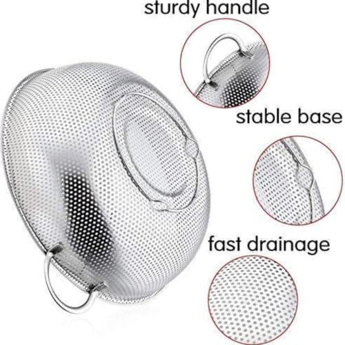 Image of KRESHU 22.5cm Stainless Steel Rice Washing Colander Strainer with Handle Micro-Perforated Strainer for Clean & Drain Vegetable /Fruit /Pasta /Rice Dishwasher Safe Washing Bowl (Pack of 1)