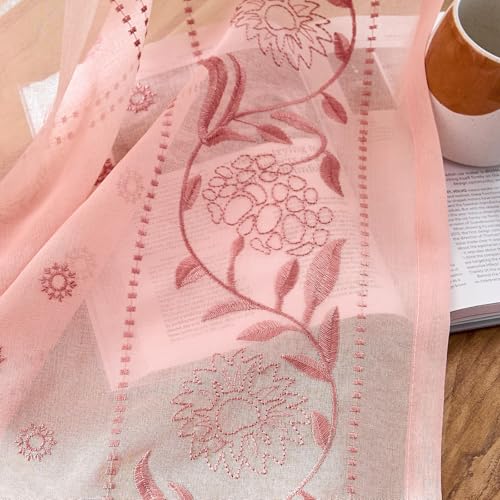 Image of jinchan Winslow Sheer Curtains 96 Inch for Bedroom Living Room Embroidered Bordered Floral Nursery Curtains for Girls Room Light Filtering Window Treatments, Pink on Pink, 2 Panels, 50 inch x 96 inch