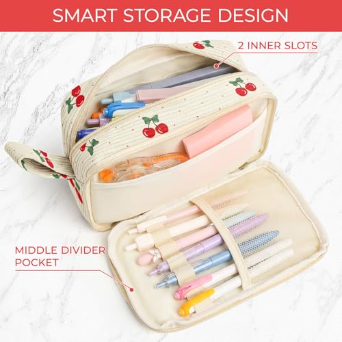 Image of WOBAGMEN Cute Pencil Case,Large Corduroy Zippered Pencil Case Pouch, Aesthetic Pencil Bag with Compartments, Pencil Pouch School Supplies (Cherry Polka Dots)