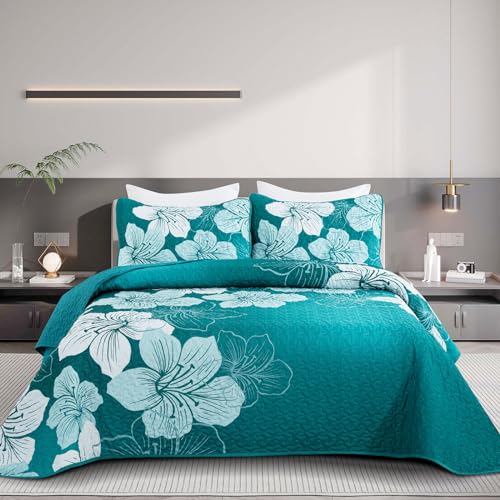 DJY Quilt King Size, Gradient Green Floral Bedspread Coverlet Set 3 Pcs