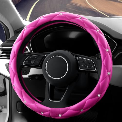 Image of YOGURTCK Cute Diamond Soft Leather Anti-Slip Steering Wheel Cover with Bling Bling Crystal Rhinestones, Universal 15 Inch for Women Girls, Fit Vehicles, Sedans, SUVs, Vans, Trucks - Hot Pink