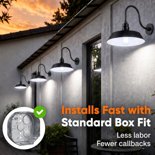 Image of 14in. Satin Black Outdoor Gooseneck Barn Light Fixture With 24in. Long Extension Arm - Wall Sconce Farmhouse, Vintage, Antique Style - UL Listed - 9W 900lm A19 LED Bulb (5000K Cool White)