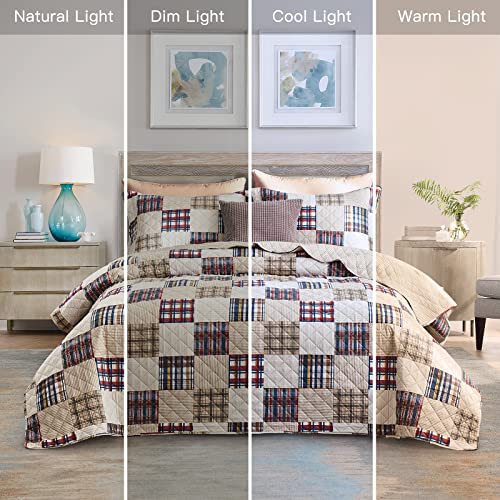 Chixin Plaid Quilt Queen Size - Classic Tartan Plaid Pattern - Lightweight Bedspread Coverlet Set, Country Patchwork Bedding Cover For All Season, 3 Piece, Beige #TOP1
