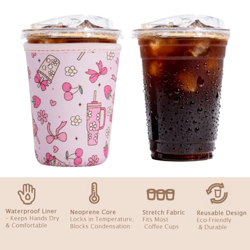 Image of Reusable Insulated Sleeve for Iced Coffee Cup, Coffee Neoprene Sleeve for Cold & Hot Drinks, Beverage Holder for Iced Coffee (Pink Ribbons, Large: 32oz)