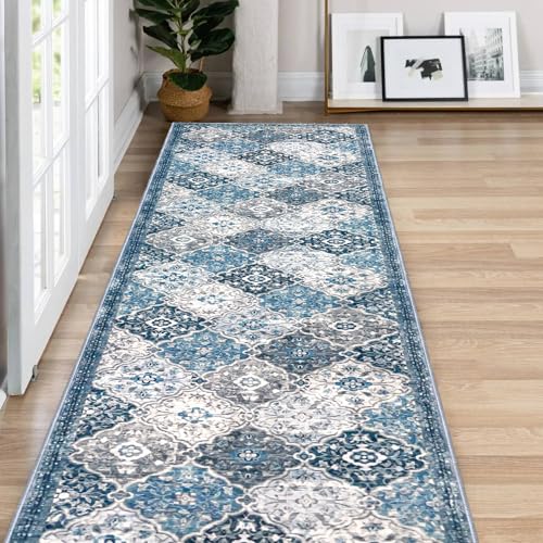 KILOCOCO 2x8 Runner Rug, Moroccan Super Soft Washable Hallway Entryway Runner Rug, Accent Print Faux Wool Kitchen Runner Rug 8 Feet Non-Slip Boho Rug Runners for Laundry Room Bedroom, Blue/Multi