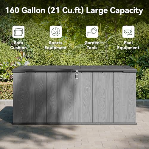 Image of AOXUN Horizontal Storage Sheds 21 Cu.ft, HDPE Outdoor Storage Box 160 Gallon, Waterproof Lockable Resin Deck Box with Spring-Assisted Lid, Patio Storage for Garden, Pool, Cushions, Tools, Grey