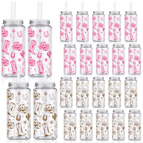 Qinyoung 24 Pcs Western Cowgirl Cowboy Plastic Tumbler 14.2 oz Rodeo Reusable Cups with Lids and Straws Cowgirl Party Favors Decoration My First Rodeo Birthday Decorations(Classic Style Multicolor)