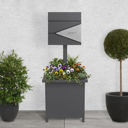 ML-Design Standbriefkasten Anthrazit-Silber mit Pflanzkasten, Briefkasten mit Zeitungsfach & Ständer, abschließbar, 2 Schlüsseln, Briefkastenständer wetterfest aus Stahl, Postkasten modern für Haus