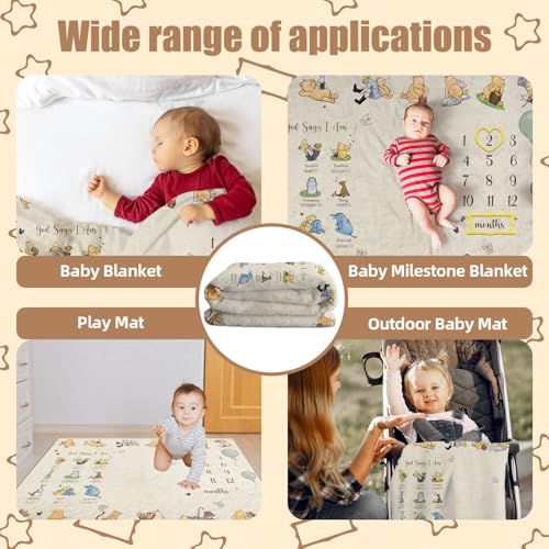 Image of Winnie Baby Milestone Blanket, God Says I am Bold Milestone Blanket, Winnie Newborn Month Blankets for Baby, with Double-Sided Printed Cardstock（16 Unforgettable Moments of Babies）